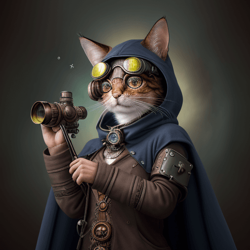 AI generated: Epic hyperrealistic photo of a cat wearing a cloak and goggles, holding a telescope in hand，looking ...