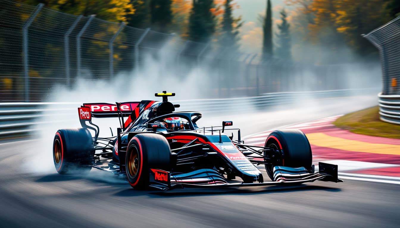 AI generated: a black and red formula 1 car racing at high speed on a circuit in Mont Melo with the name of the “P...