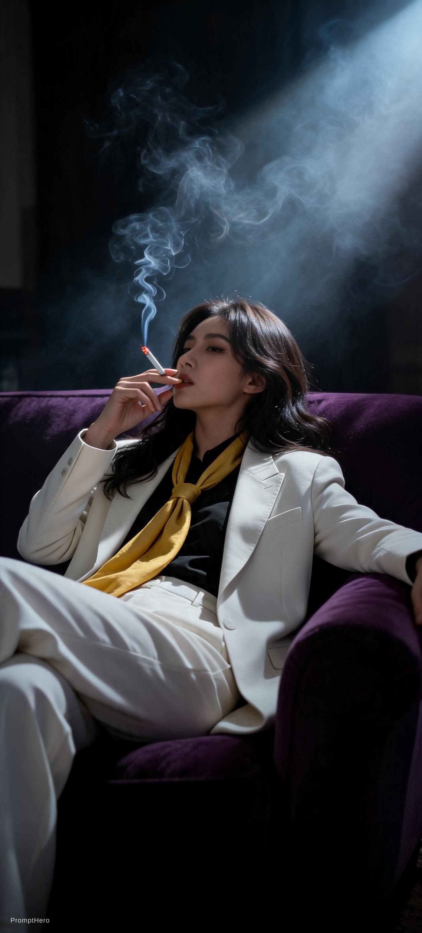 AI generated: snapshot, dimly lit room with a hazy atmosphere, capturing a female model lounging on a deep purple ...