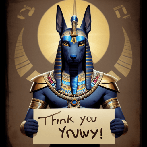 AI generated: egyptian god anubis holding a poster with the words: "2k FOLLOWERS. THANK YOU!"