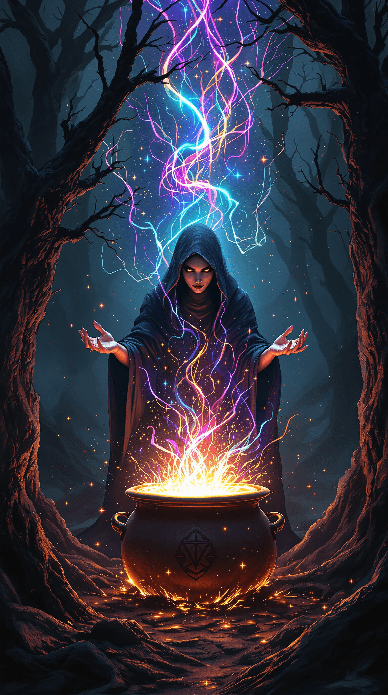 AI generated: A **hauntingly intricate scene** of a **witch standing deep within a dense, ancient forest**, brewin...