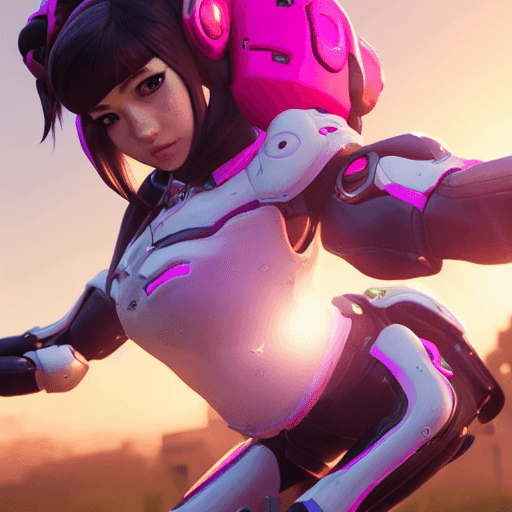 AI generated: photo of a ultra realistic dva from overwatch, dramatic light, pale sunrise, cinematic lighting, bat...