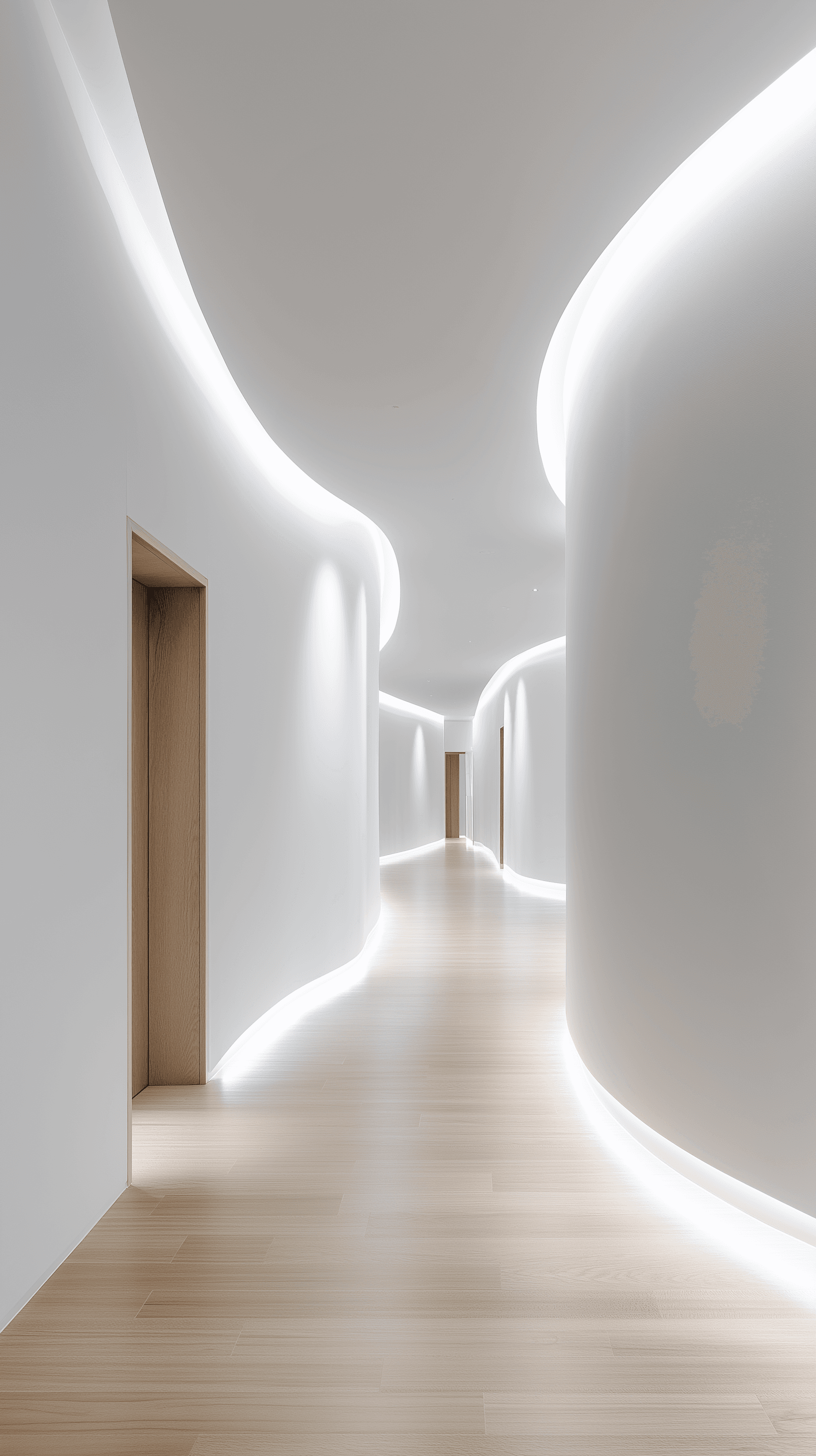 AI generated: photography, minimalist interior, white LED light line on the ceiling, curved walls, smooth curves, ...