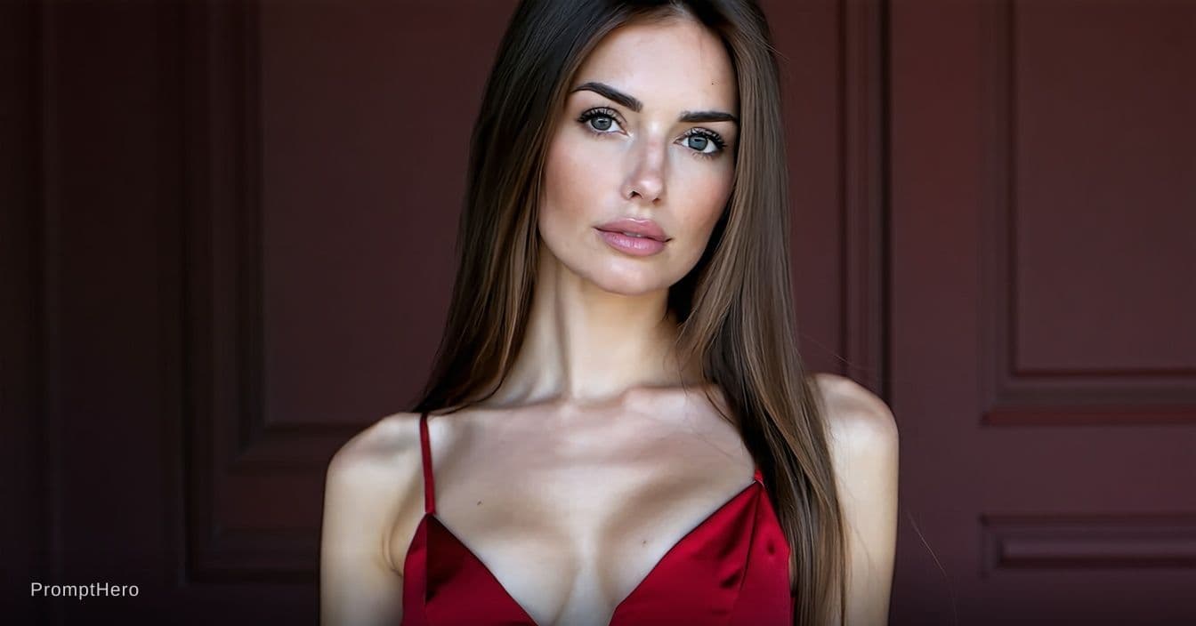 AI generated: A brown long hair women  with red tight short spagetti-ştrap dress and visible her glutemus maximus'...