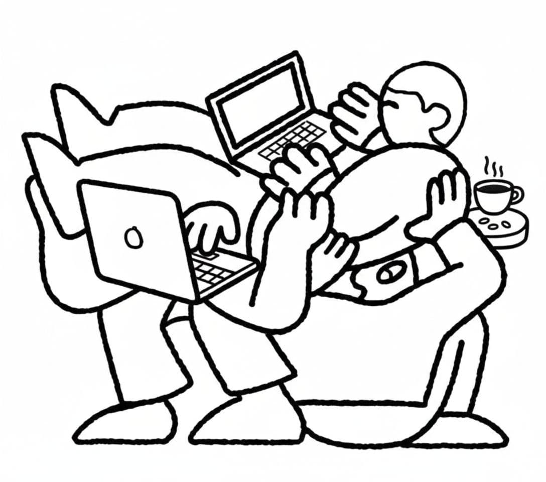 AI generated: Playful abstract black-and-white illustration of a freelancer working at coffee shop
, thick uneven...