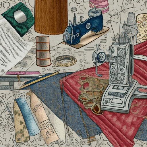 AI generated: An illustration showing a variety of fabrics, sewing machine, sketchbook with designs, focused magni...