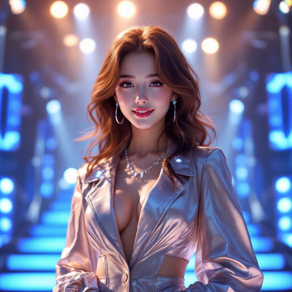 AI generated: A full-body photo of Rina, a confident K-pop idol with long straight black hair, performing on a neo...