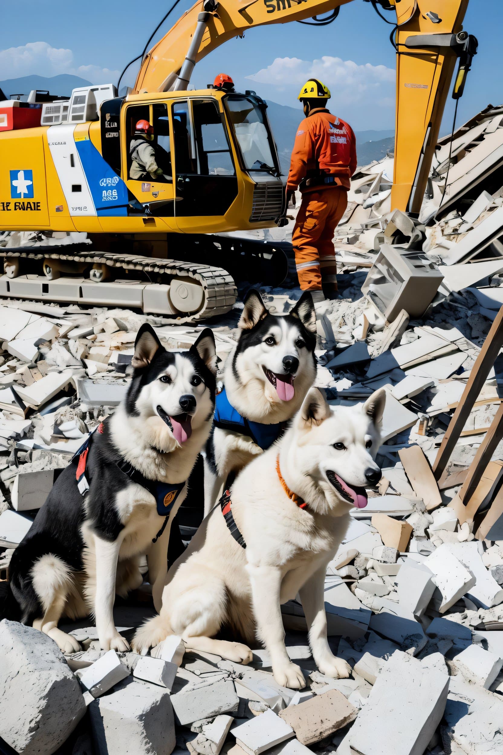 AI generated: following a huge earthquake, russian rescuers men dogs, cranes, seek survivors in the rubble, <lora:...