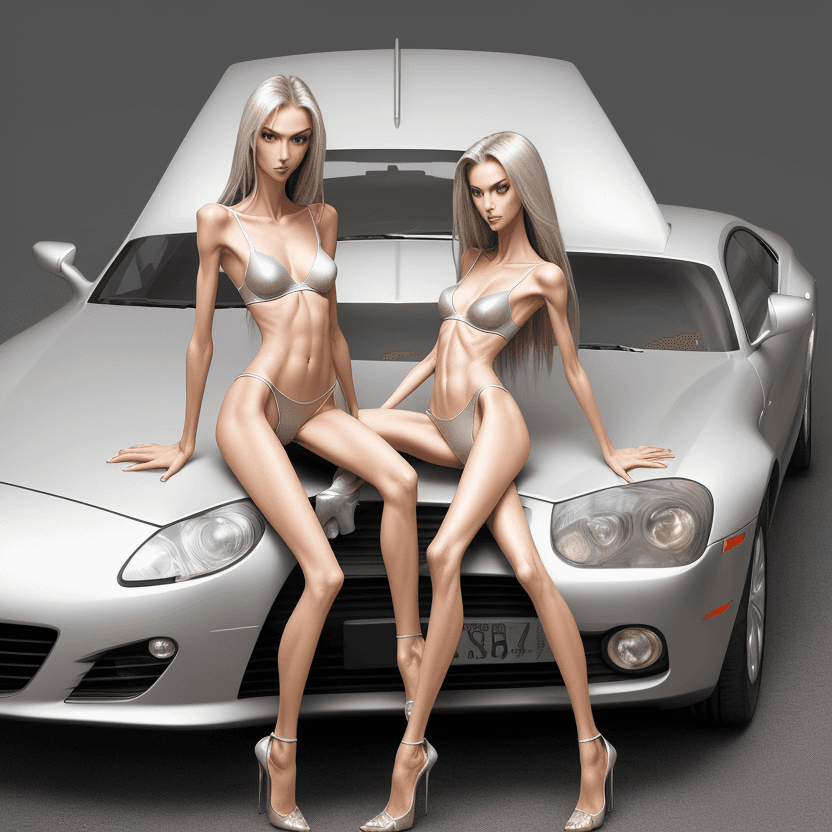 AI generated: photo of two an extremely skinny, flat-chested model with extreme long and skinny legs with extreme ...