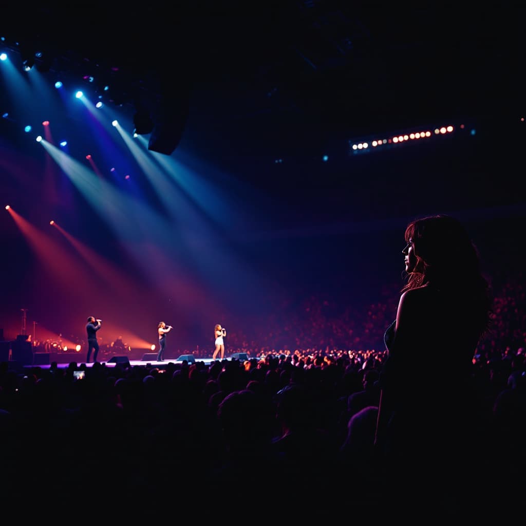AI generated: concert venue, very tall ceilings like football stadium, audience is mostly shrouded because it is d...