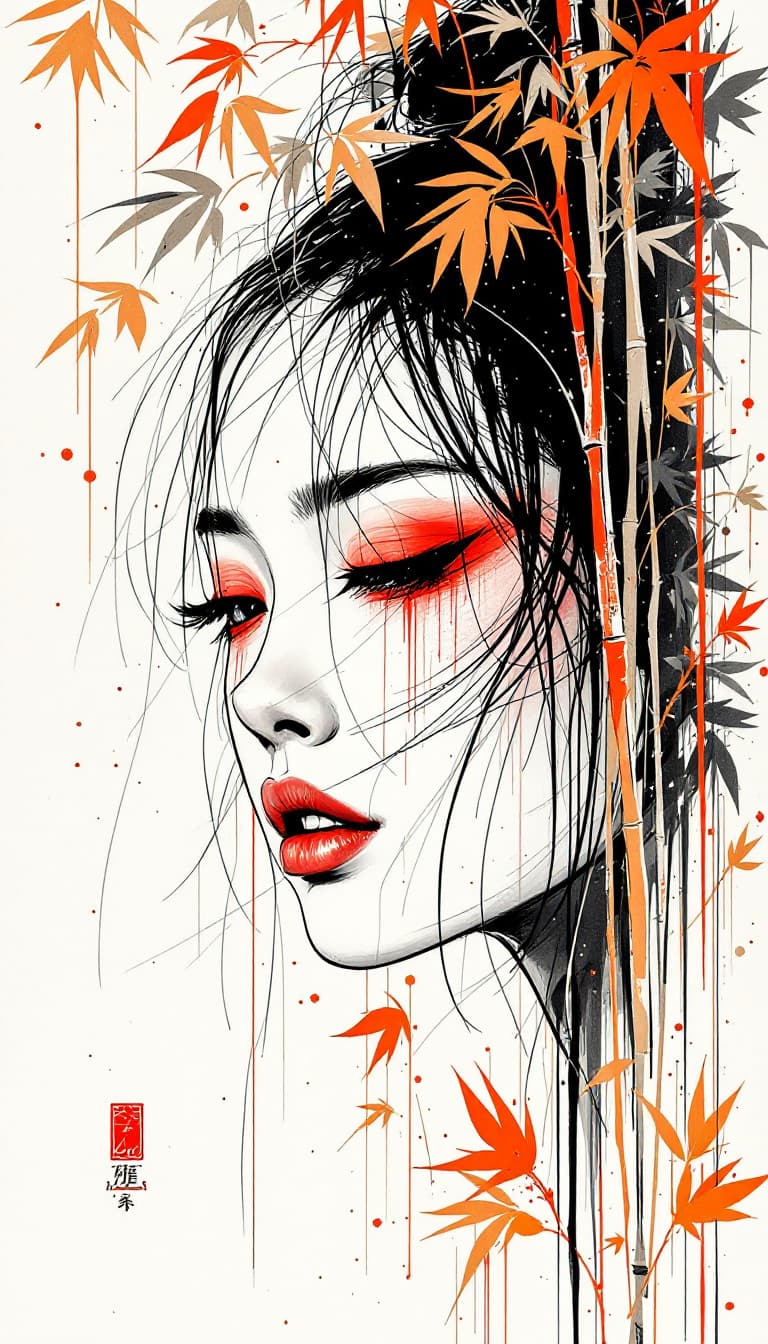 AI generated: A minimalist drawing captures the essence of a Japanese woman's face with red eyeshadow, rendered in...