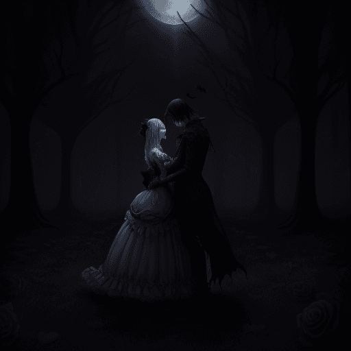 AI generated: In a gothic, moonlit setting, two spooky yet endearing characters are in the center of a surreal Val...
