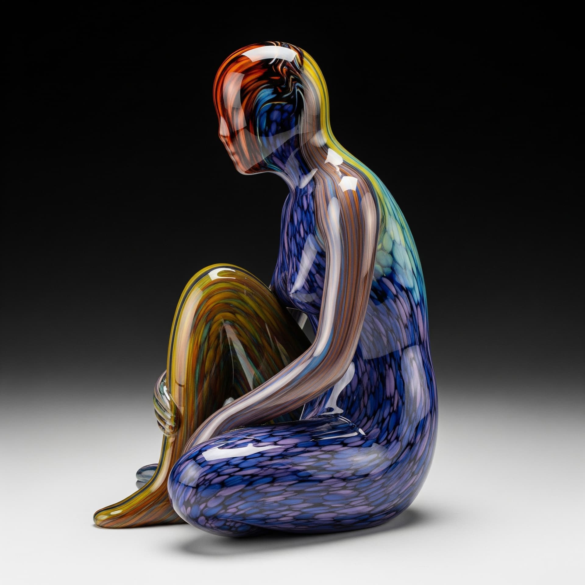 AI generated: colorful sitting nude figure made of Murano glass, viewed from the side

