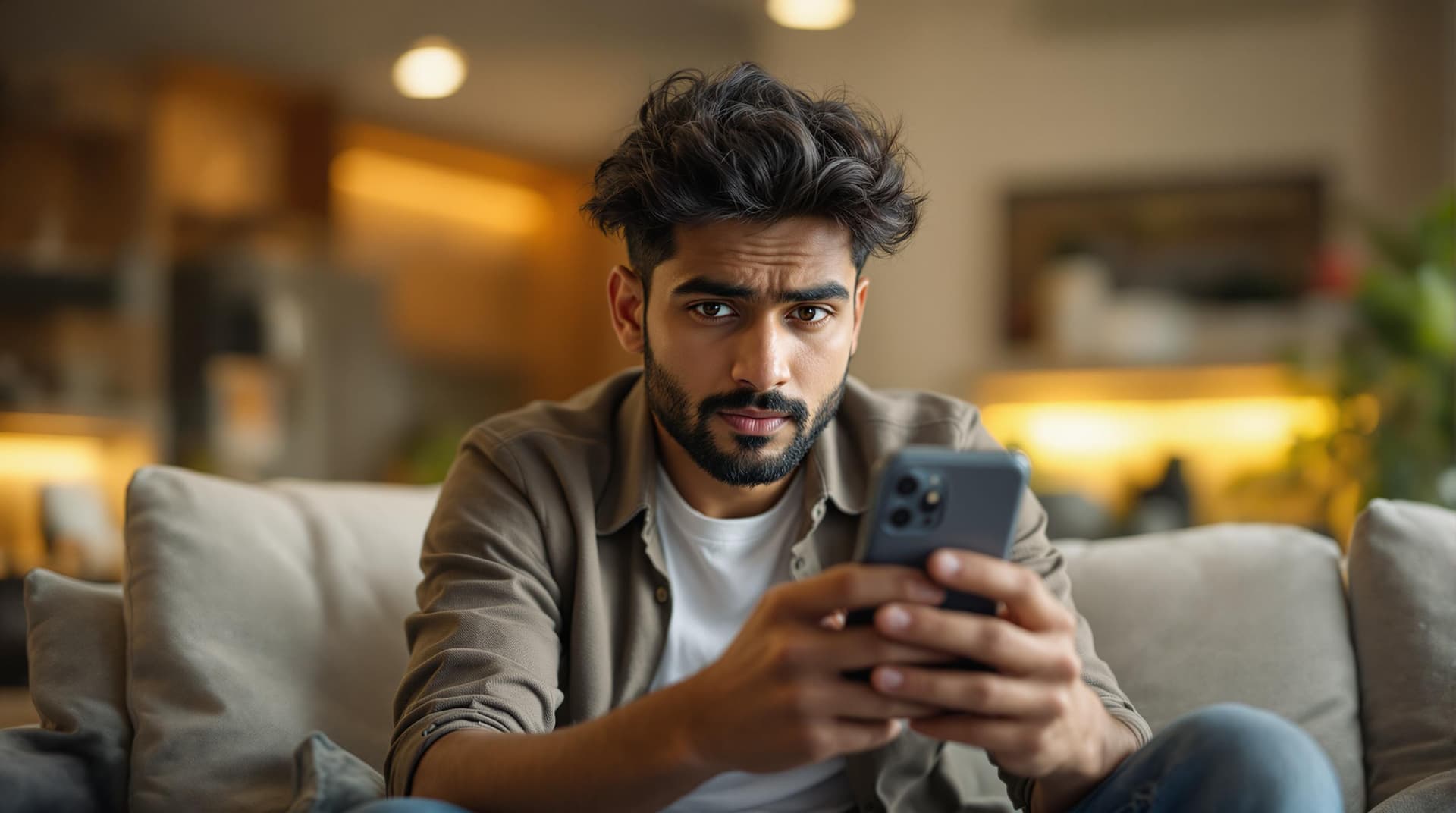 AI generated: (Cinematic UHD, young Indian man, mid-20s, holding a smartphone with a hesitant expression, sitting ...