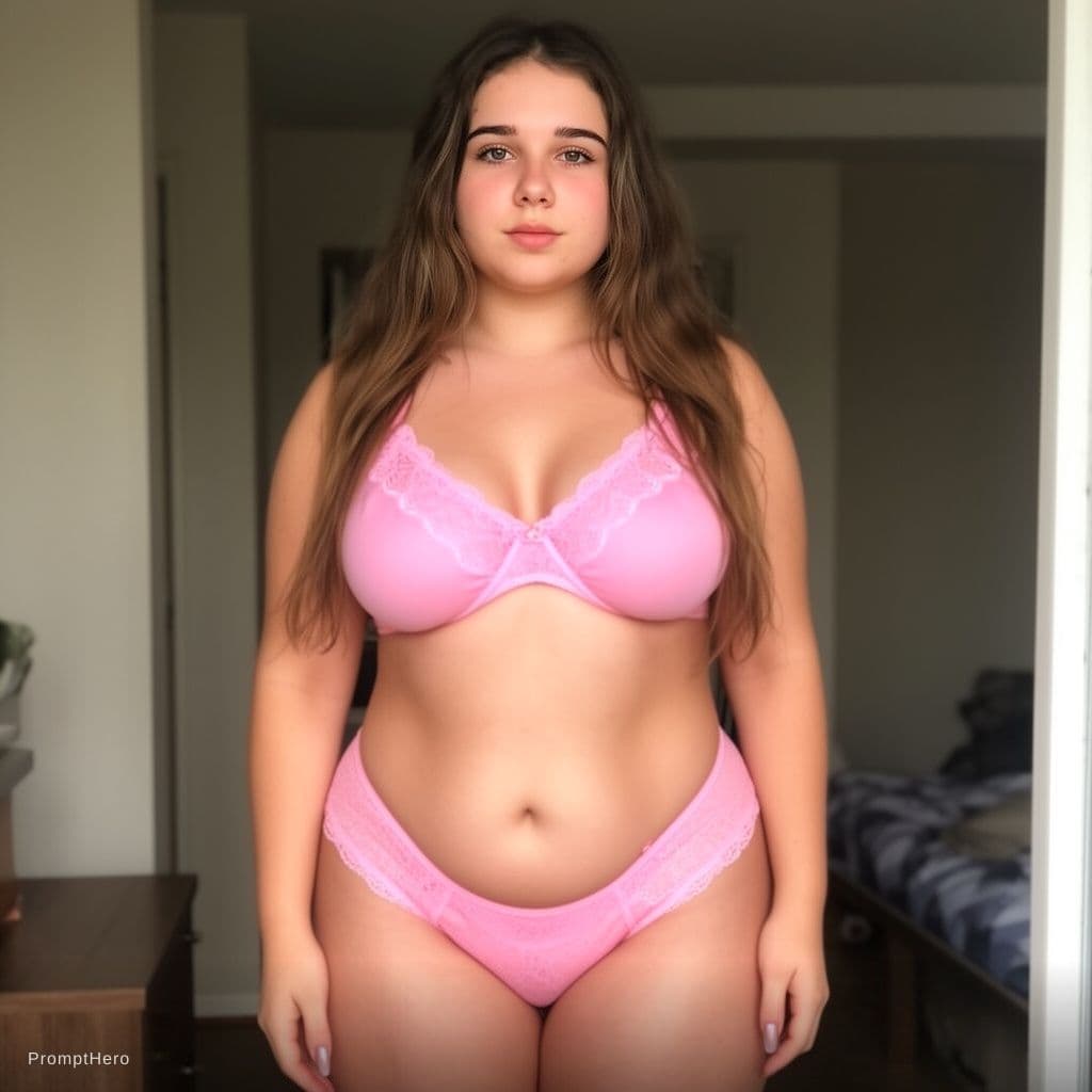 AI generated: One young woman in pink lingerie and boobs is large and buttock is large 