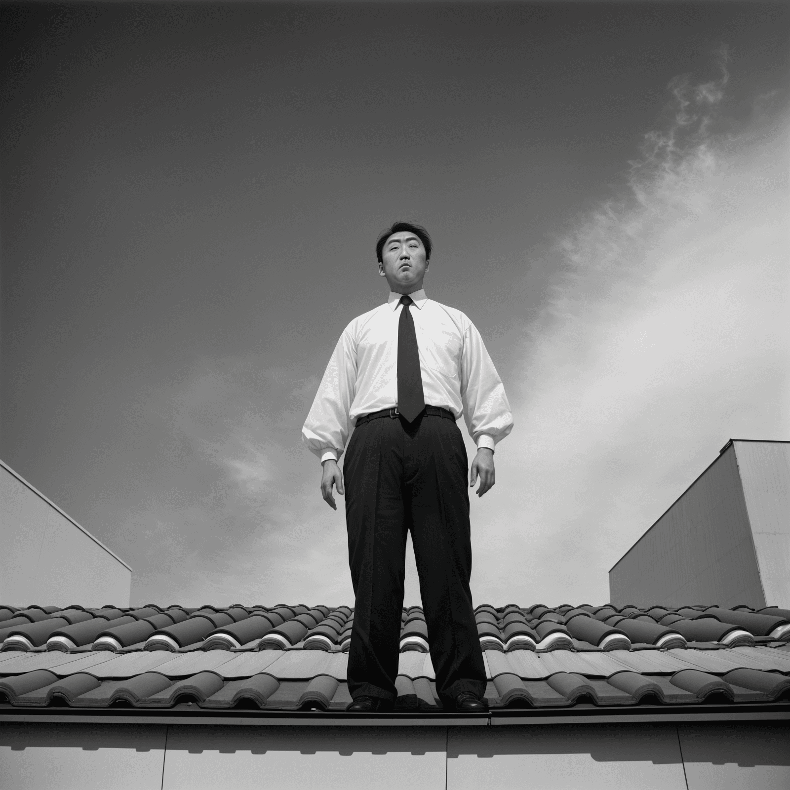 AI generated: mamiya archive japanese film photography, office worker shirt and tie standing on the edge of the ro...