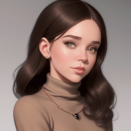 AI generated: young Disney socialite wearing a beige miniskirt, dark brown turtleneck sweater, small neckless, cut...