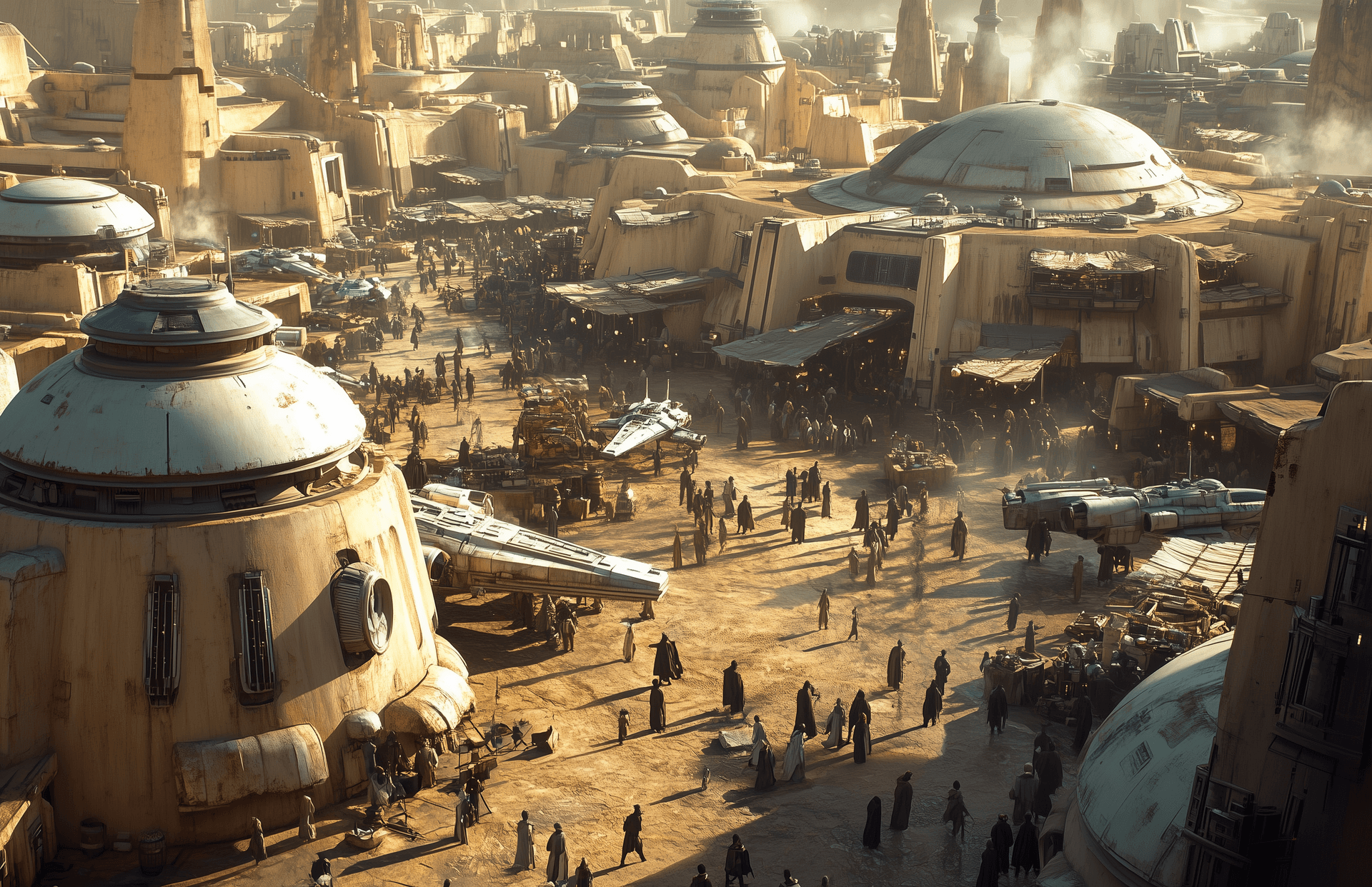 AI generated: A Star Wars movie scene set on the planet Tatooine, a large spaceport with various spaceships parked...