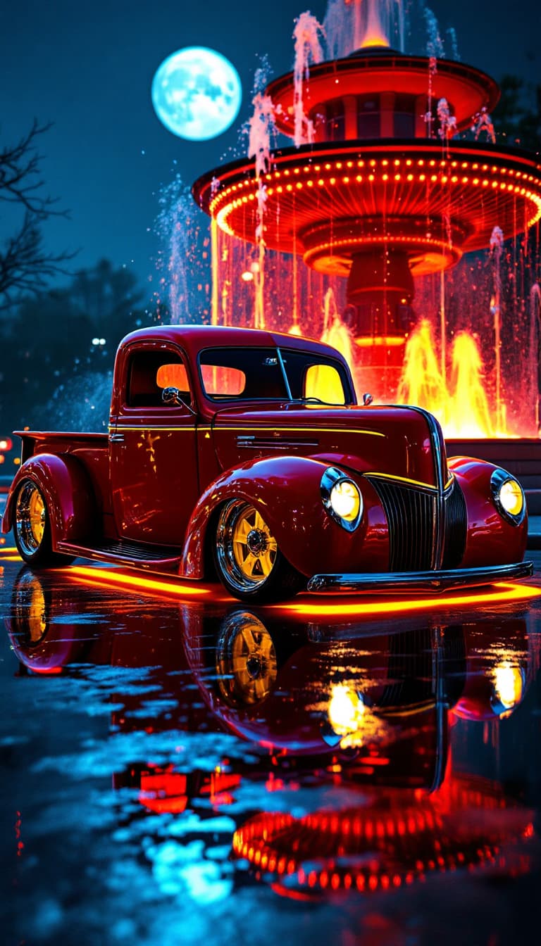 AI generated: A photo realistic 1941 Ford pickup from a front side view. The car is lowered, a metallic bright red...