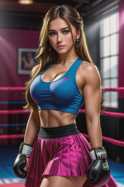 AI generated: boxing woman in (long) pleated skirt, long hair, high detailed face, beautiful high detailed eyes, f...