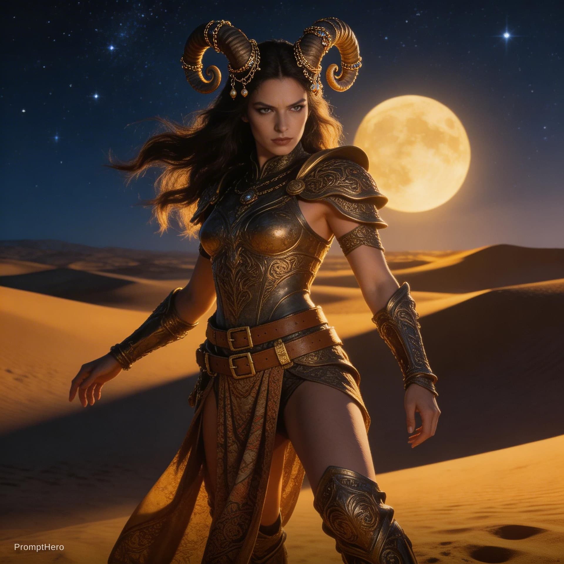 AI generated: A detailed and atmospheric illustration, full body shot of a young beautiful European female horned ...