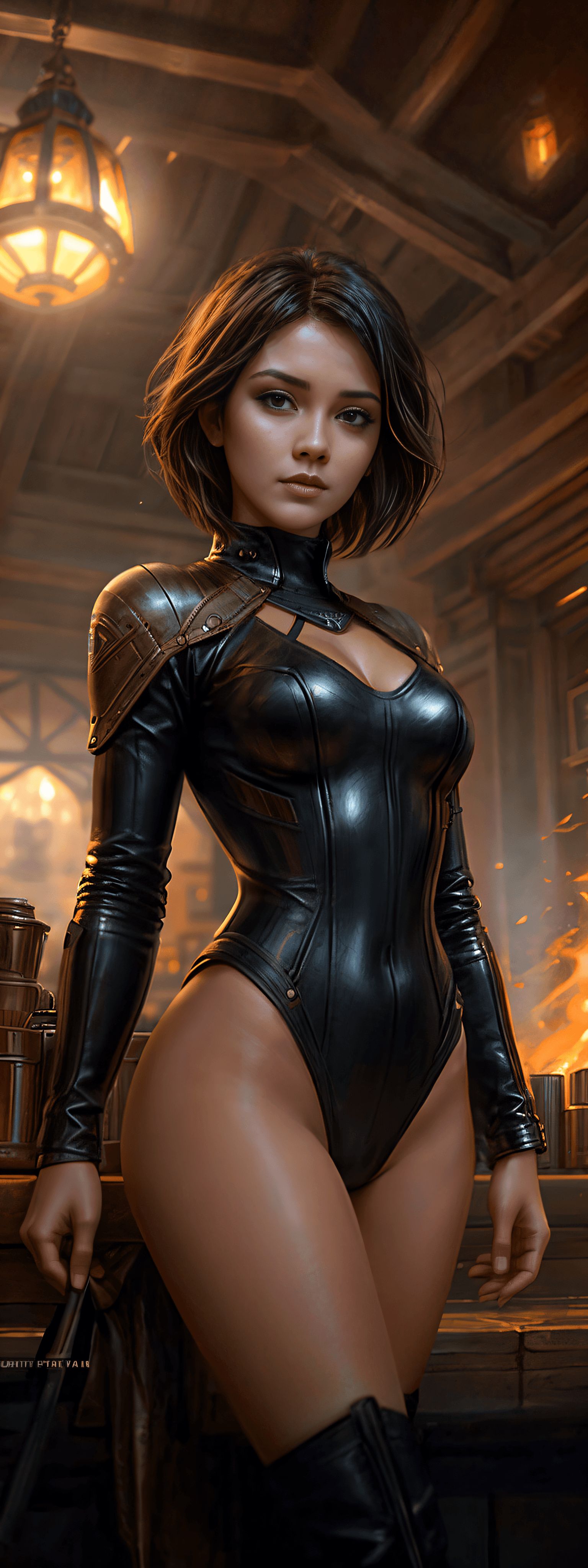 AI generated: closeup, beautiful girl in leather bodysuit, short hair