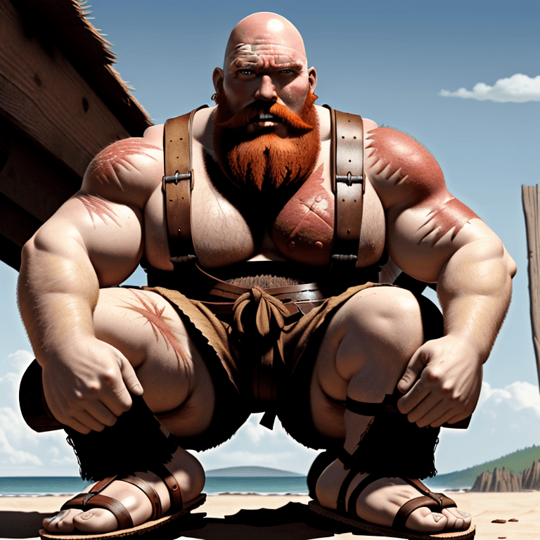 AI generated: A Giant with a bald head slightly sunburned with a large red beard with scars wearing a  and wooden ...