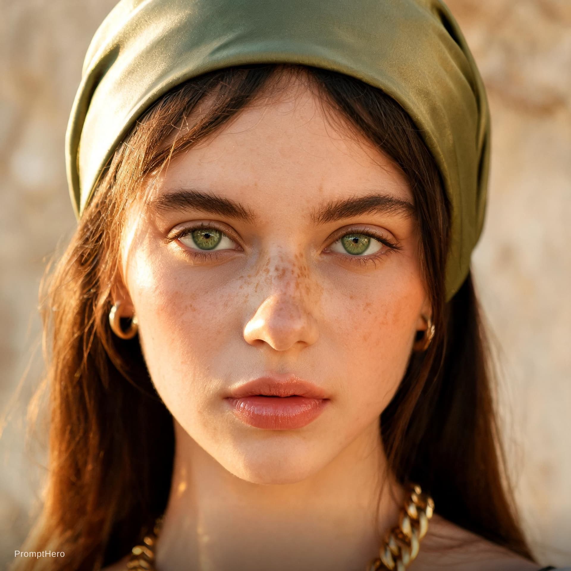 AI generated: Ultra-detailed close-up portrait of a young woman with golden skin and natural freckles, neutral exp...