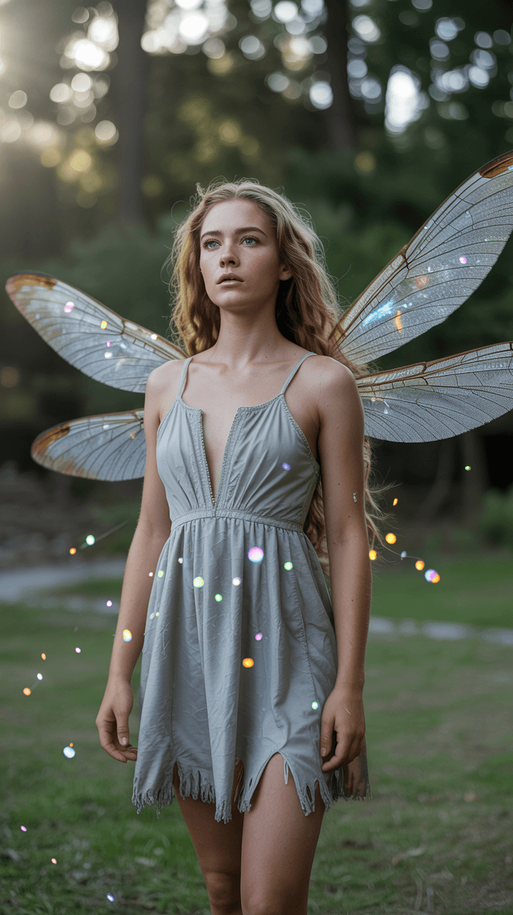 AI generated: A professional photo of a realistic of a young adult Fairy (full Body) with shimmering dragonfly win...