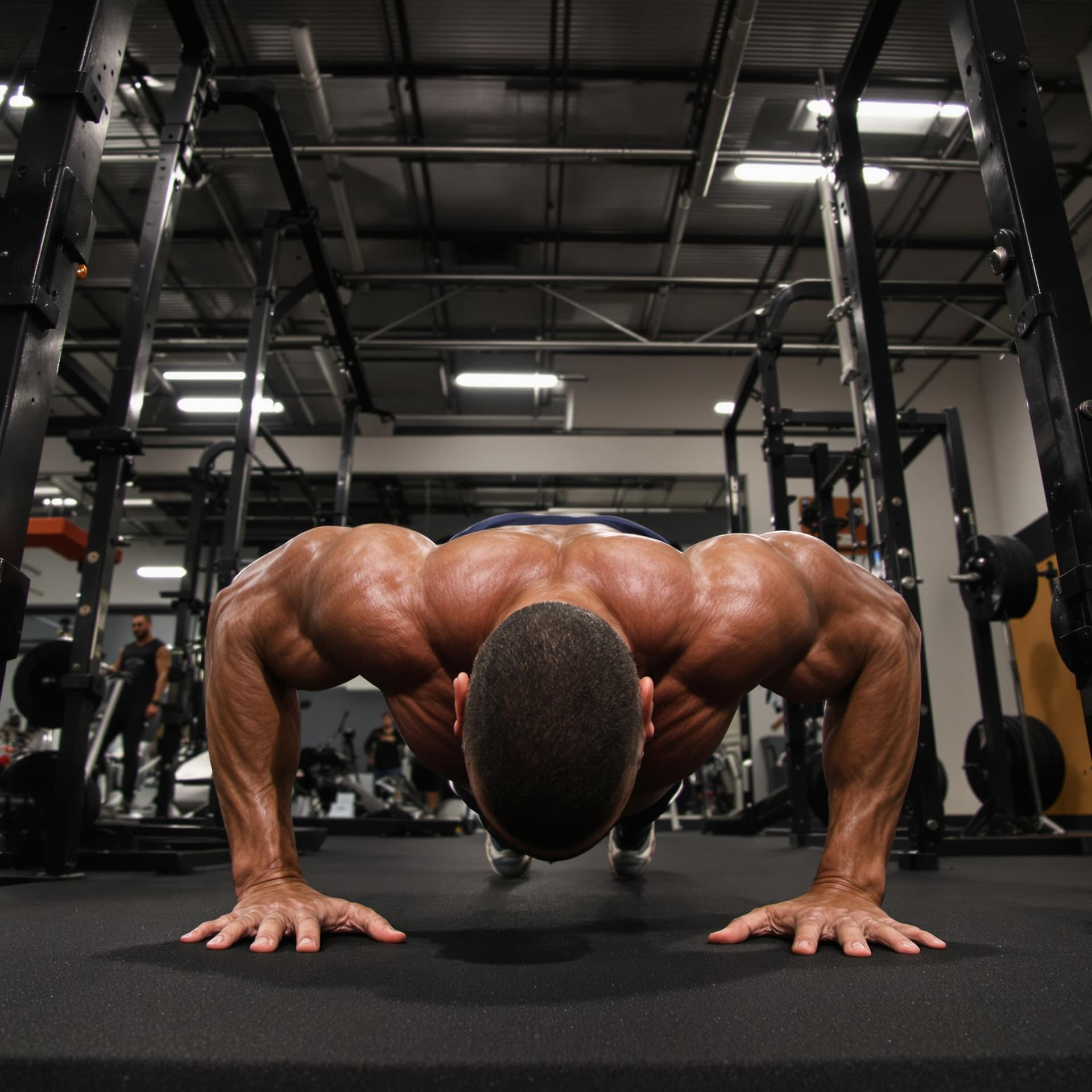 AI generated: low angle view of a bodybuilder doing pushups
