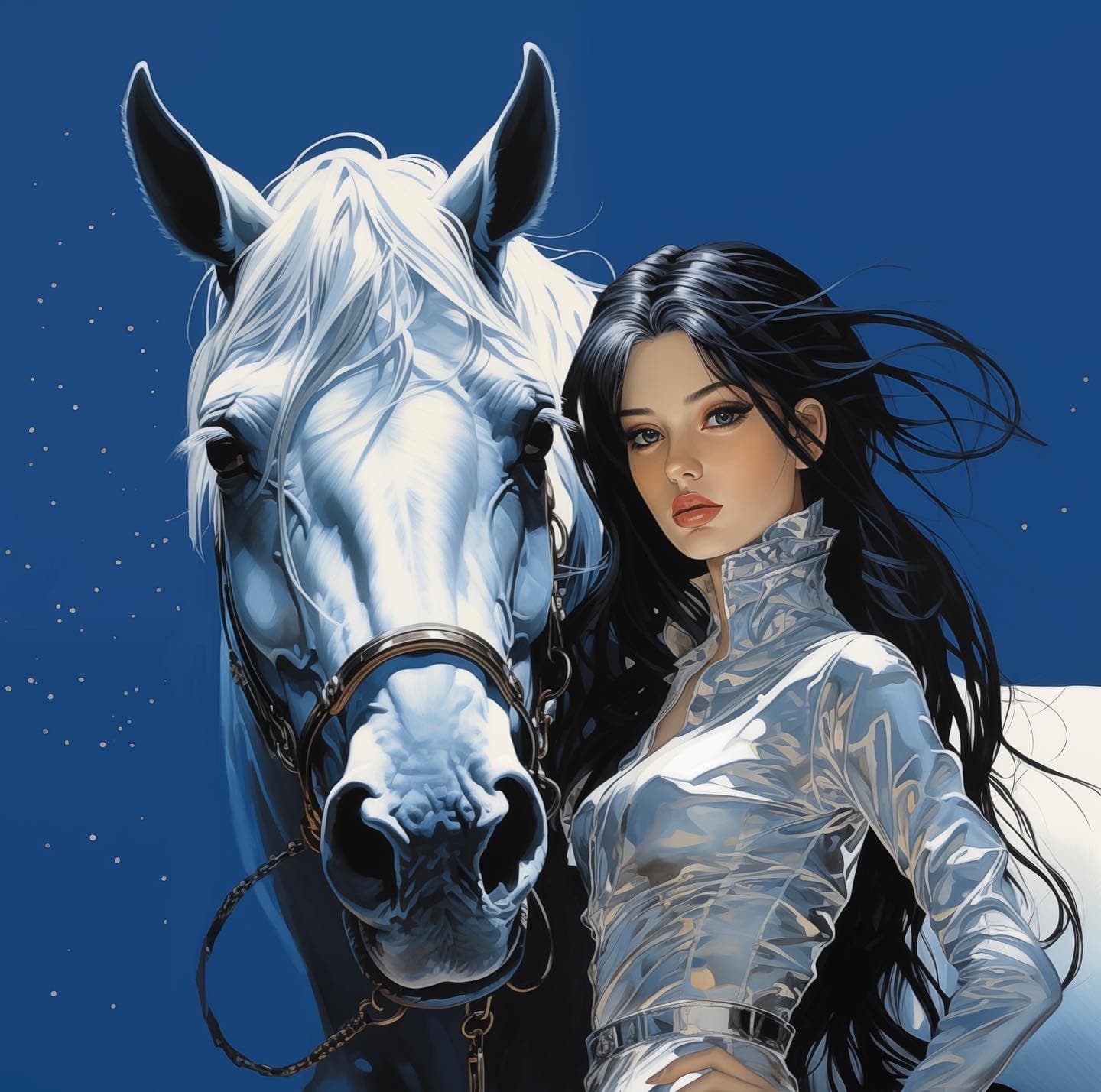AI generated: girl with horse, blue background, Hajime Sorayama style --v 5.2