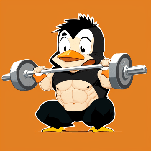 AI generated: A logo in a cartoon style of a penguin lifting a barbell in a 
deep squat position. His face is smil...