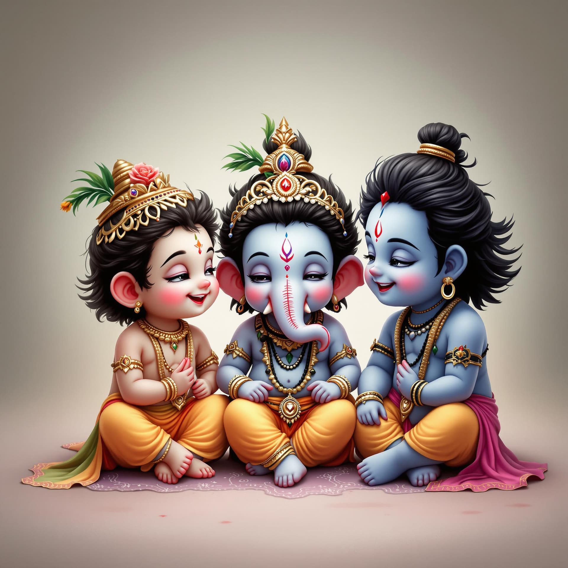 AI generated: Arafed image of a cute little Krishna, Ganesha and Shiva sitting together talking and laughing