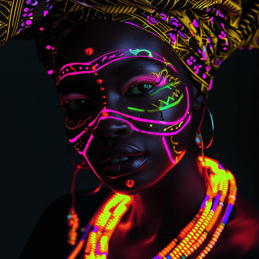 AI generated: girl, dark skin color, neon makeup all over her face, African outfit, against the background of blac...