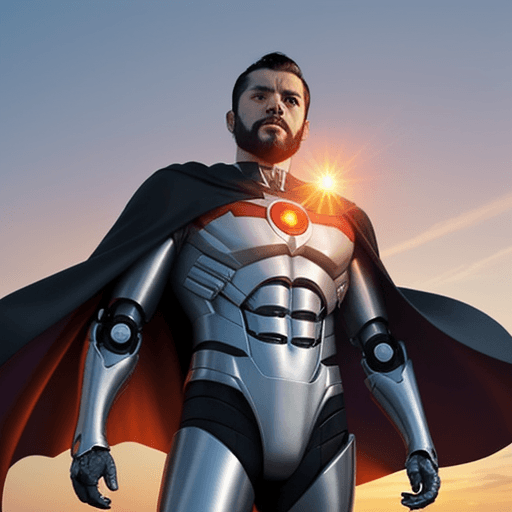 AI generated: A Hispanic man with superpowers watching the sunset with anger who he wants revenge against the sun ...