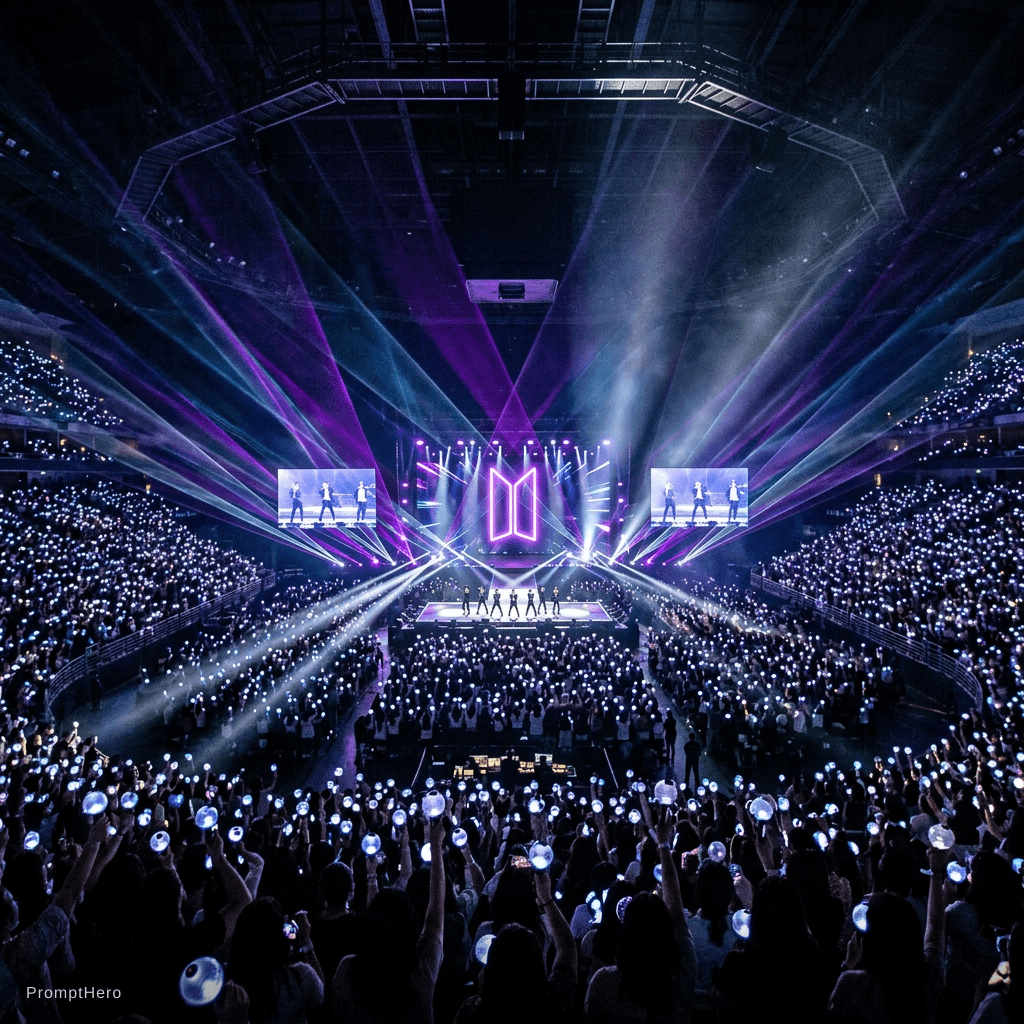 AI generated: Epic BTS KPOP concert arena, massive indoor stadium packed with thousands of ARMY fans holding glowi...