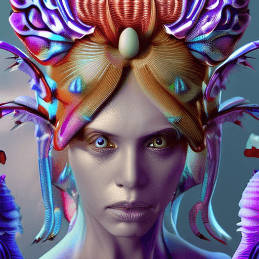 AI generated: Goddess close-up portrait ribcagel. jellyfish phoenix head, nautilus, orchid, skull, betta fish, bio...