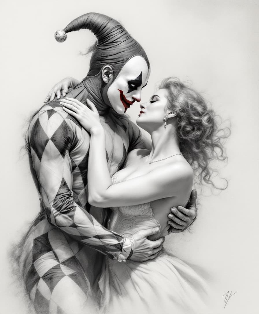 AI generated: Silverpoint painting of A cirque de Soleil harlequin and an opera singer embracing in the style of W...