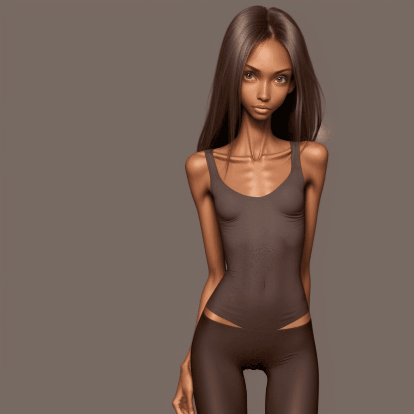 AI generated: extreme beautiful skinny brown skinned  slender face of skinny (almost anorexic) girl without a bra ...