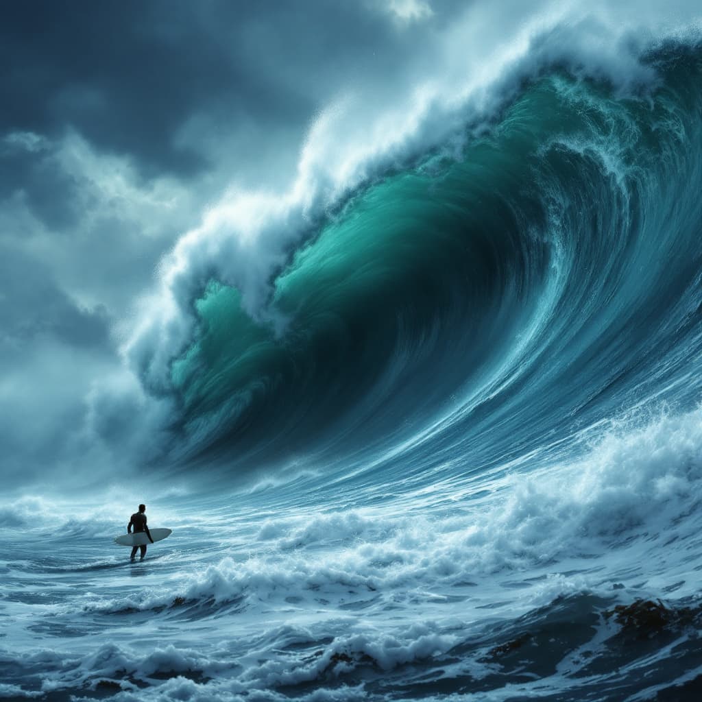 AI generated: A lone surfer faces a towering mega-wave under a stormy sky. With every second, the ocean roars loud...