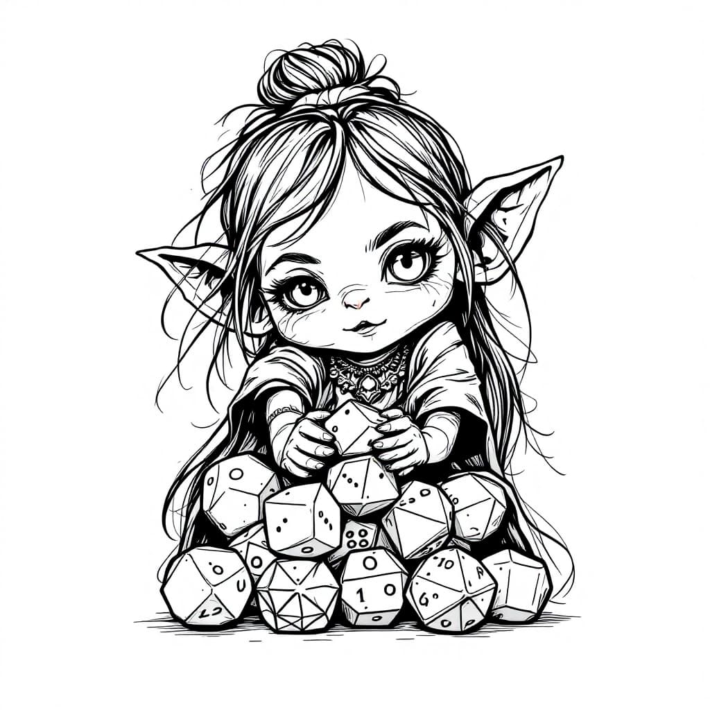 AI generated: A minimalist line drawing of a cute little female goblin holding a lot of polyhedral dice. Black lin...
