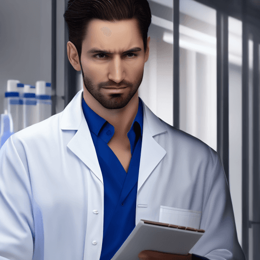 AI generated: a consultant in a lab coat, frontal image down to the waist, very beautiful and attractive, extremel...