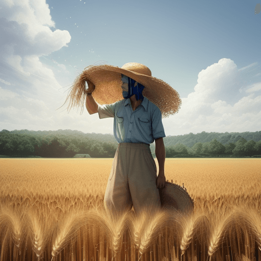 AI generated: Wheat field, a farmer uncle with a straw hat standing in a wheat field, big clouds, blue sky, rice f...