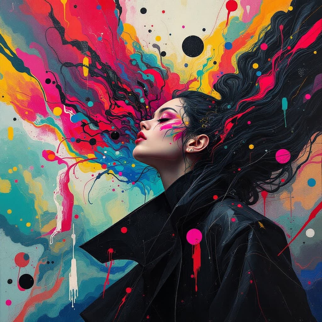 AI generated: In a vibrant and abstract masterpiece, a woman with black and red eduton donning a black and red coa...