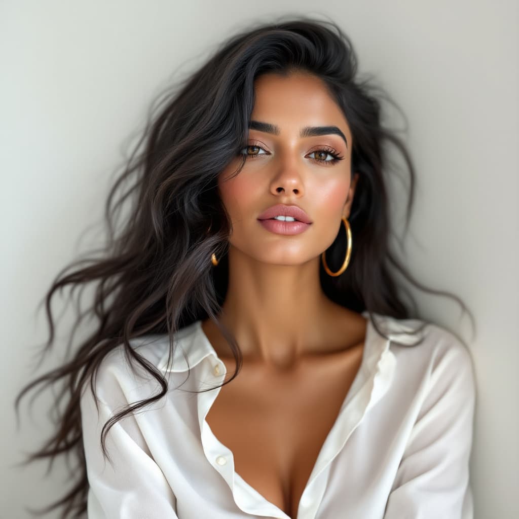 AI generated: A 28-year-old French-Algerian woman with warm olive skin and long black wavy hair, wearing a soft wh...