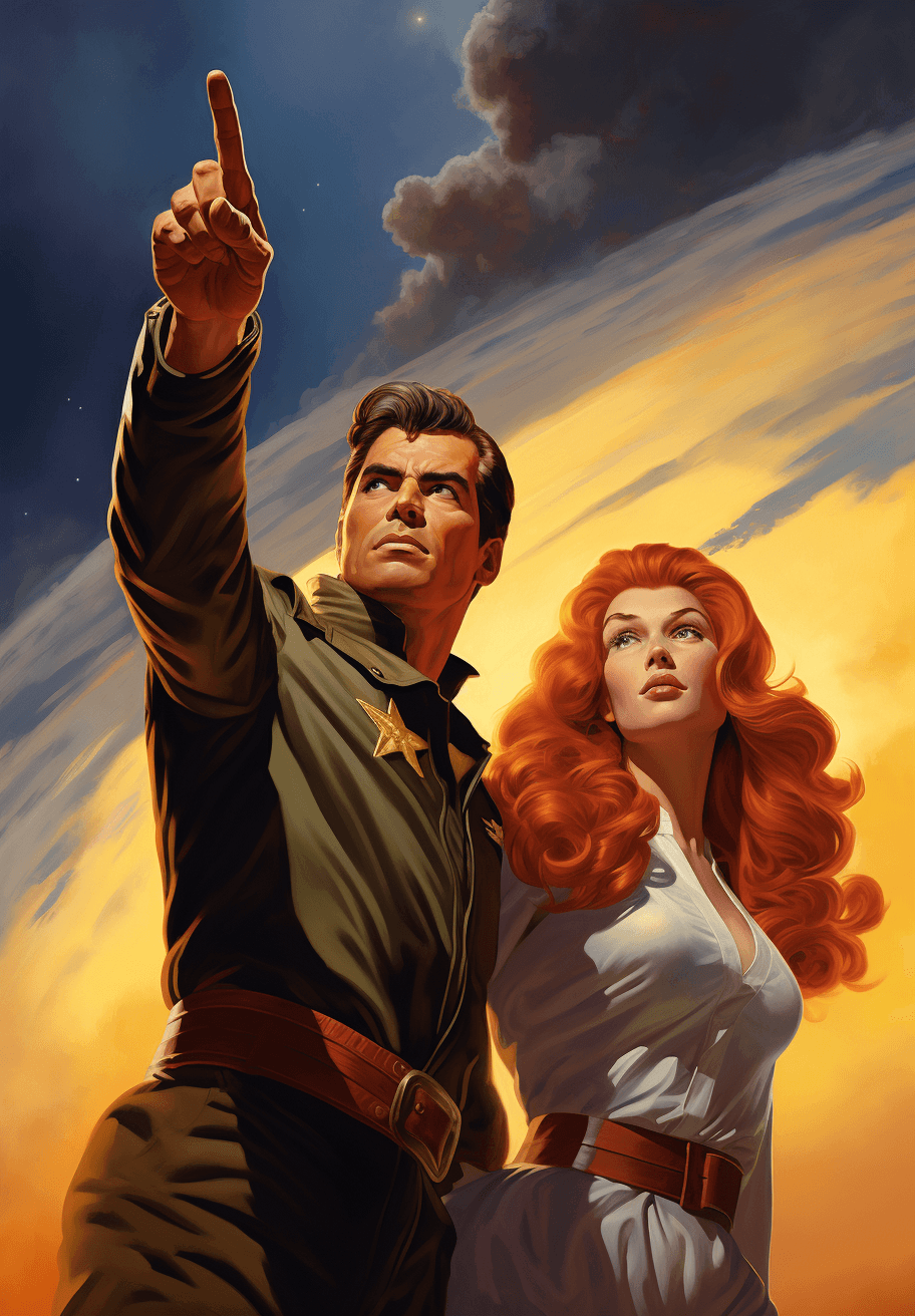 AI generated: A uniformed space captain and his red-haired wife point to the sky as they stand on an ancient space...