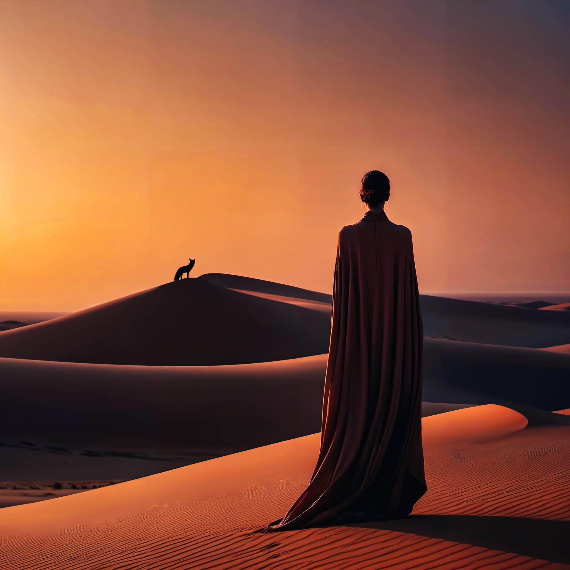 AI generated: cinematic, fox, dune, dark theme, gradient background, sharp photo focus, 8k, photo realism, muted c...