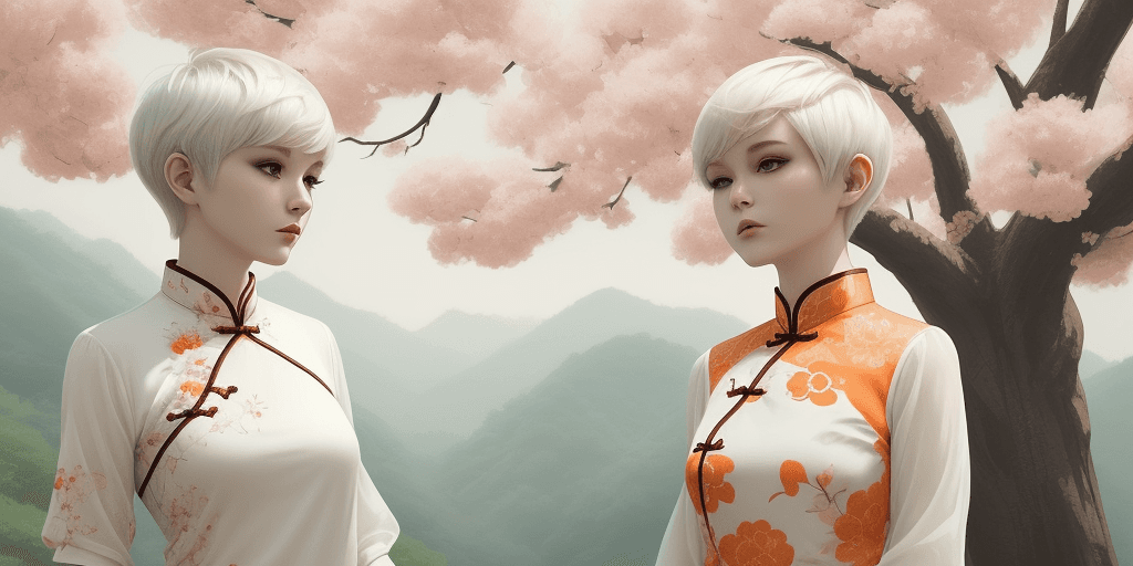 AI generated: chinese orange blouse, pixie cut, (white short hair), in the style of dreamy and romantic compositio...