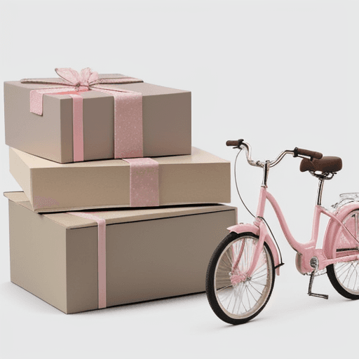 AI generated: A stack with several gift boxes, with a small pink bicycle inside a gift box, a mushroom inside anot...