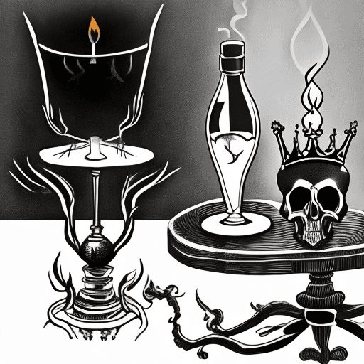 AI generated: A minimalist black and white tattoo scene with an ornate table. On the table: a skull with a laurel ...